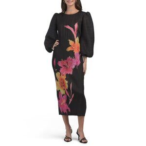 NANCY YANG Black Floral Crinkle Dress